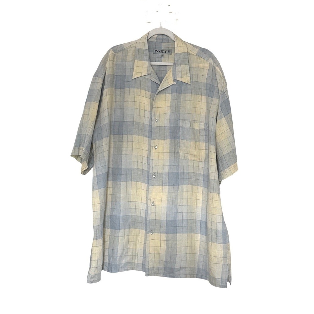 Inserch Mens Vintage Linen Button Down Shirt Plaid‎ 3XL Blue Yellow Camp Collar